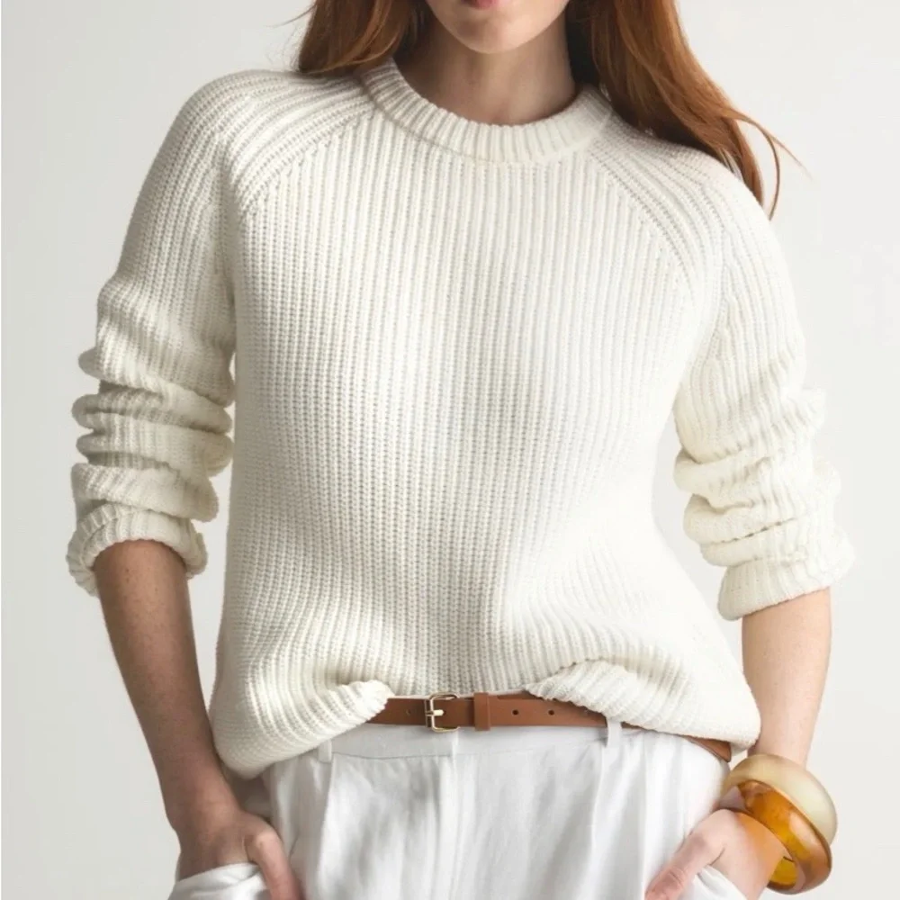 Quince Organic Cotton Fisherman Crew Sweater in Ivory - Picture 2 of 6